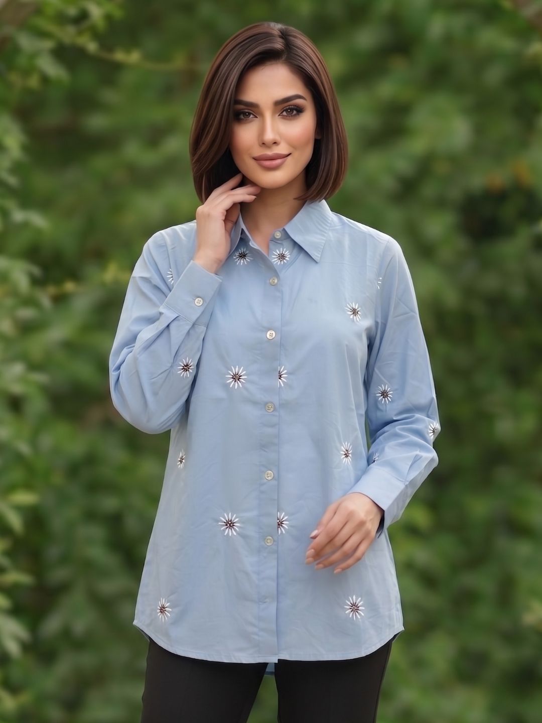 Mohini Soft Blue Cotton Embroidered Shirt