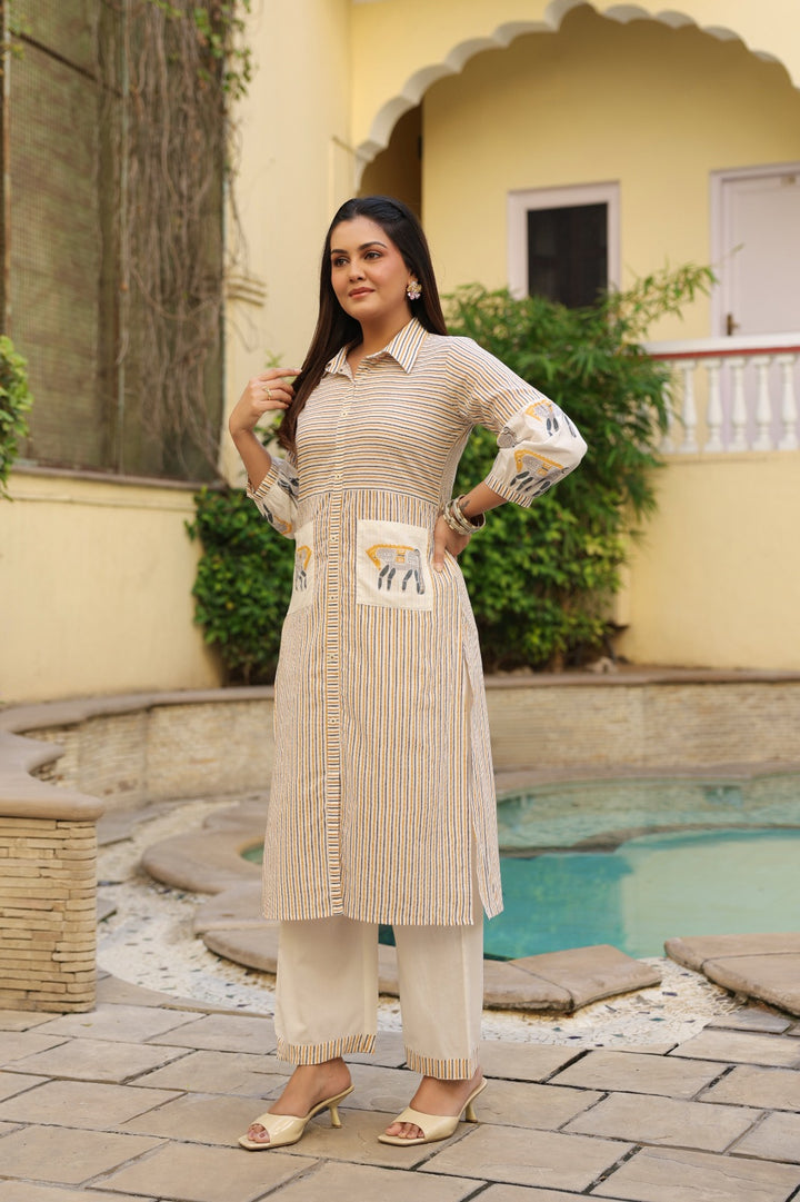 Dyna Amber Printed Stripe Kurta Pant Set