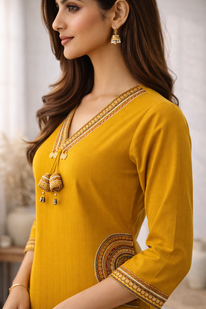 Rushali Mustard Embroidered Kurta Pant Set