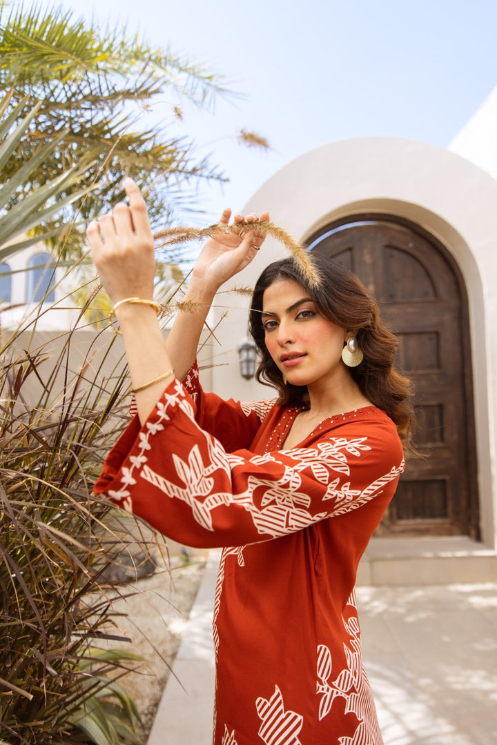 Karen Terracotta printed kurta pant set