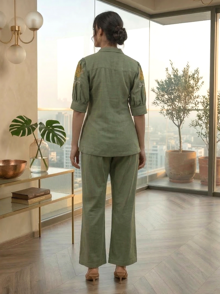 Drona moss embroidery cotton 3 pc co-ord set