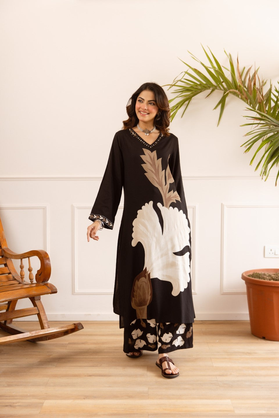Karen taupe printed cotton kurta pant set