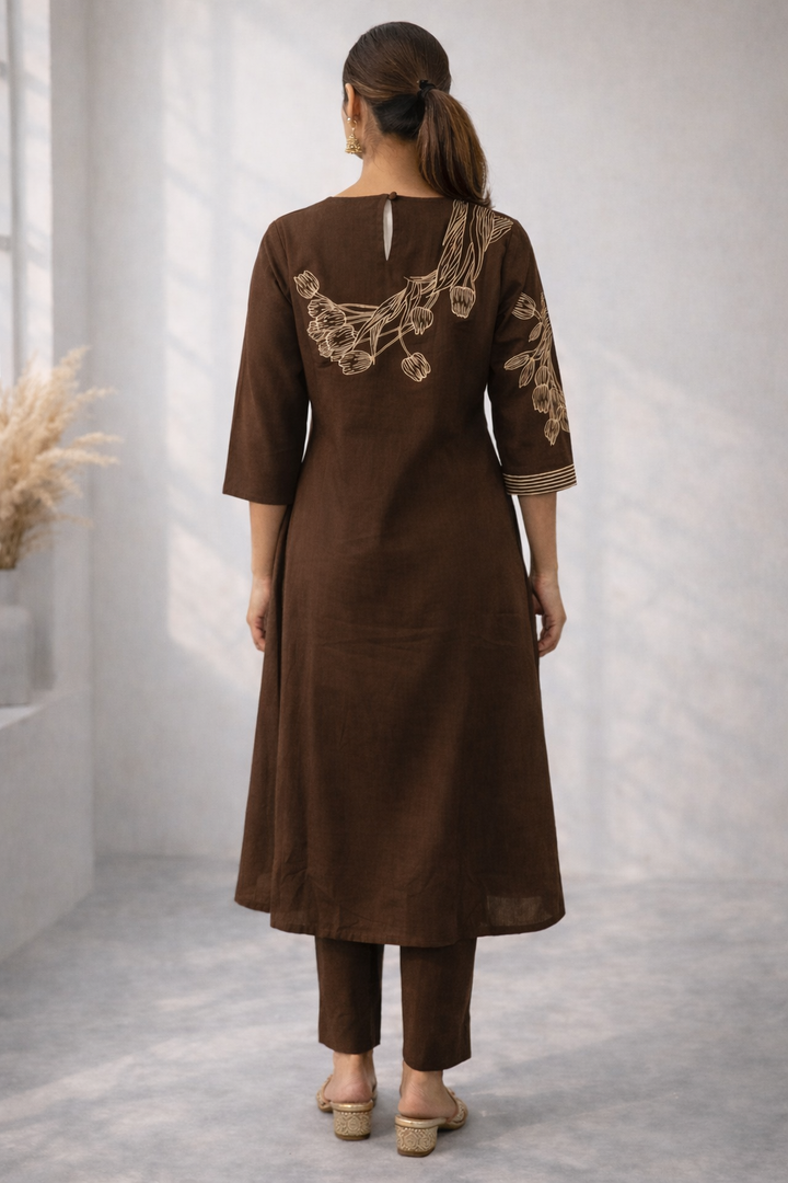 Mishka Coffee Embroidered Kurta Pant Set