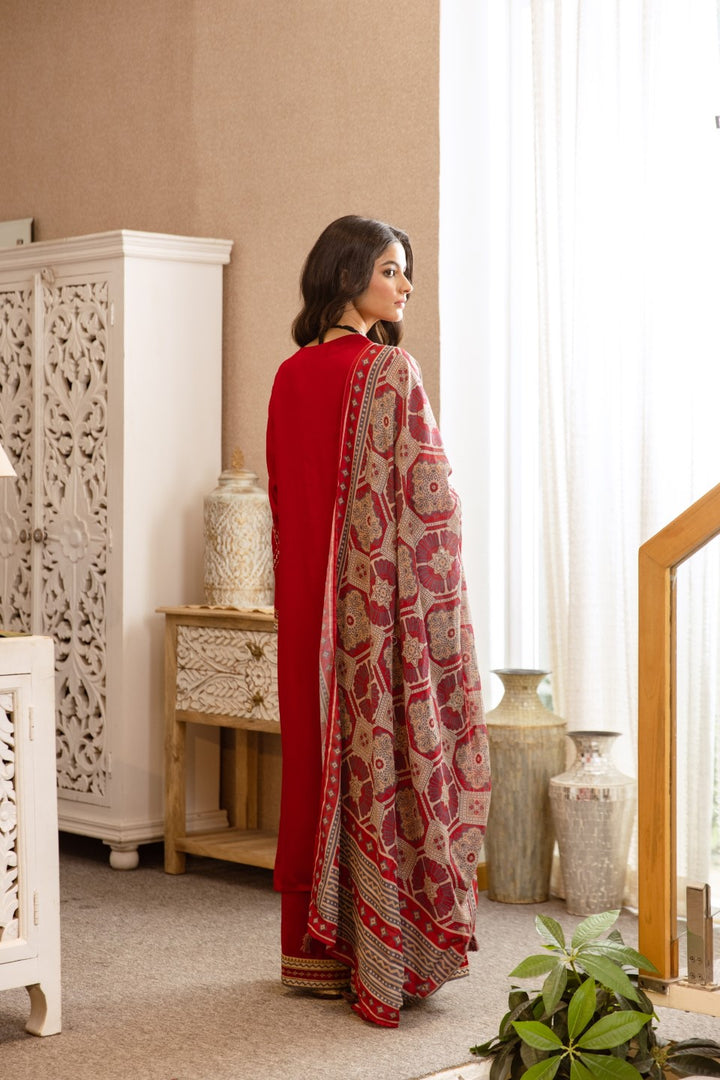 Karen Crimson Embroidery Cotton Suit set