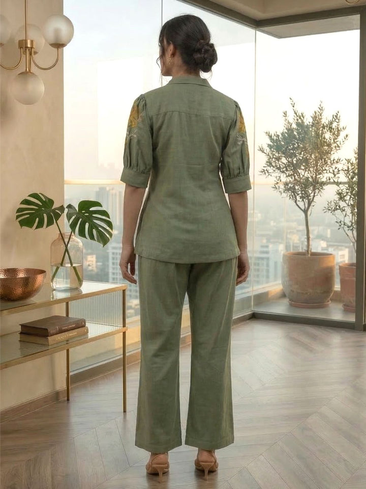 Drona moss embroidery cotton 3 pc co-ord set