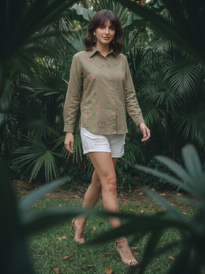 Ivanka olive embroidery cotton shirt