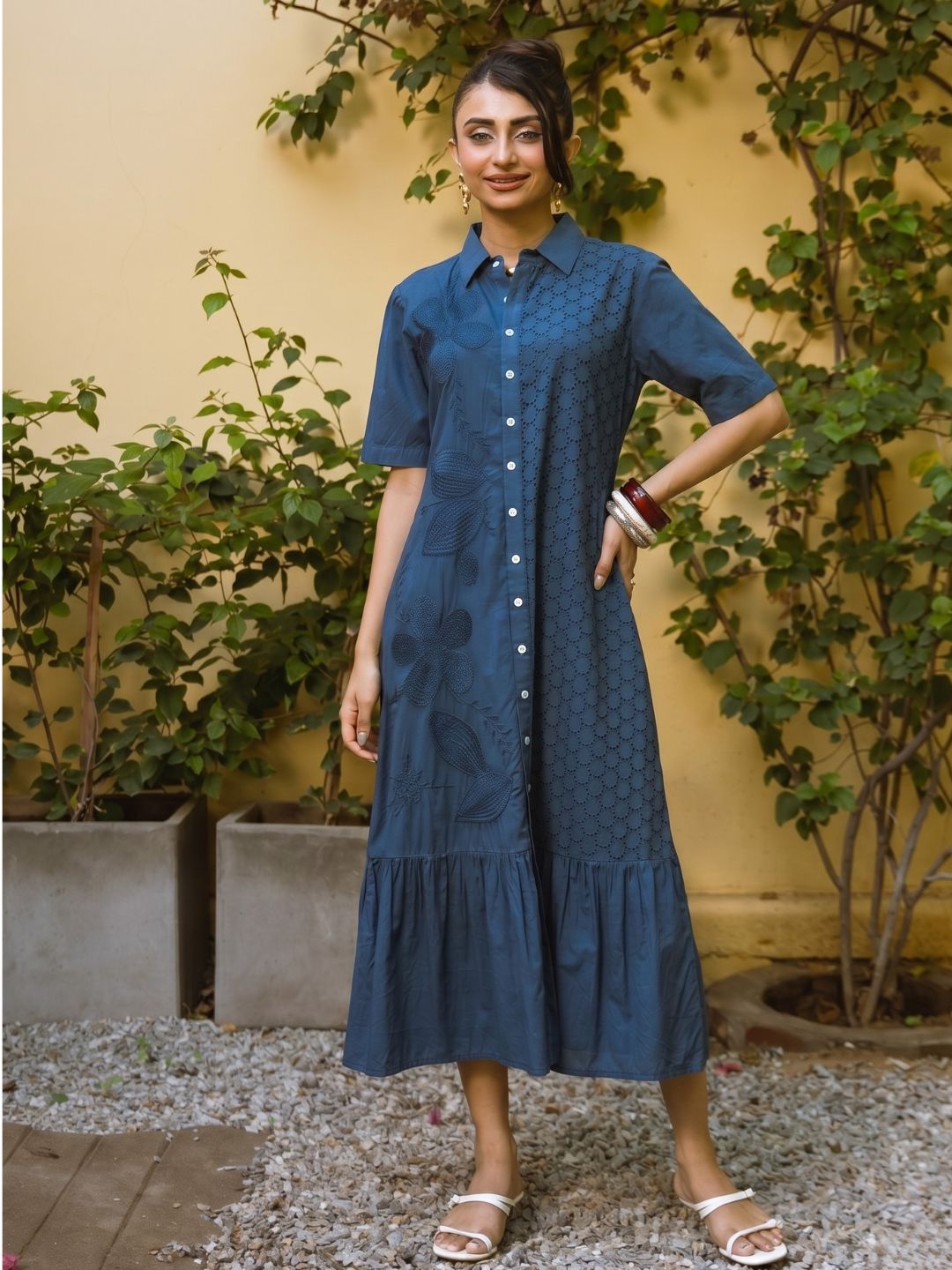 Ravya azure embroidery cotton dress