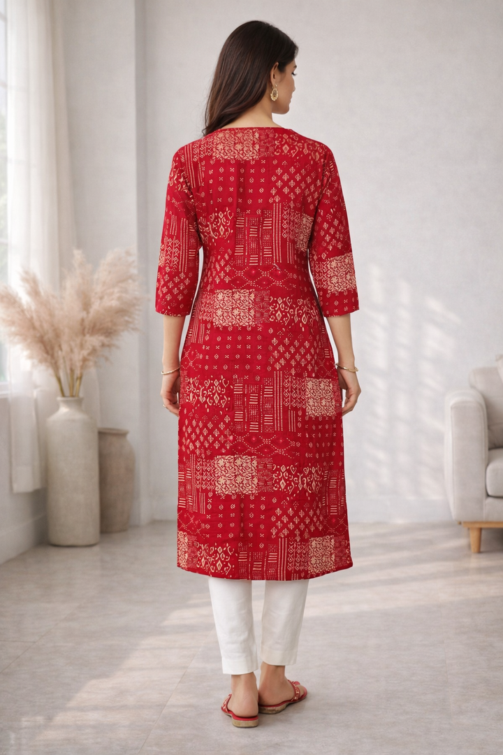 Barnali Carmine Printed Work Kurti
