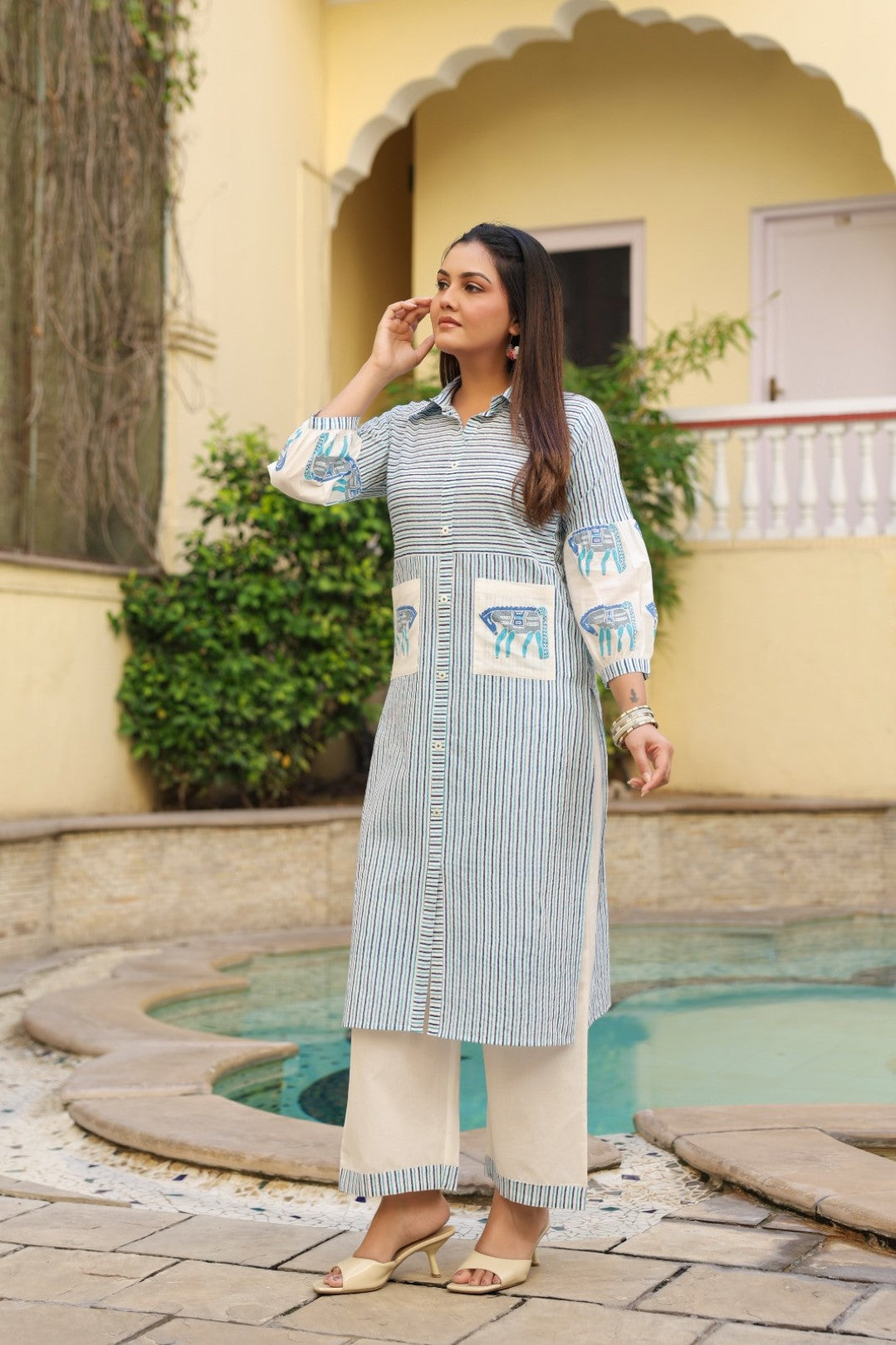 Dyna Azure Printed Stripe Kurta Pant Set