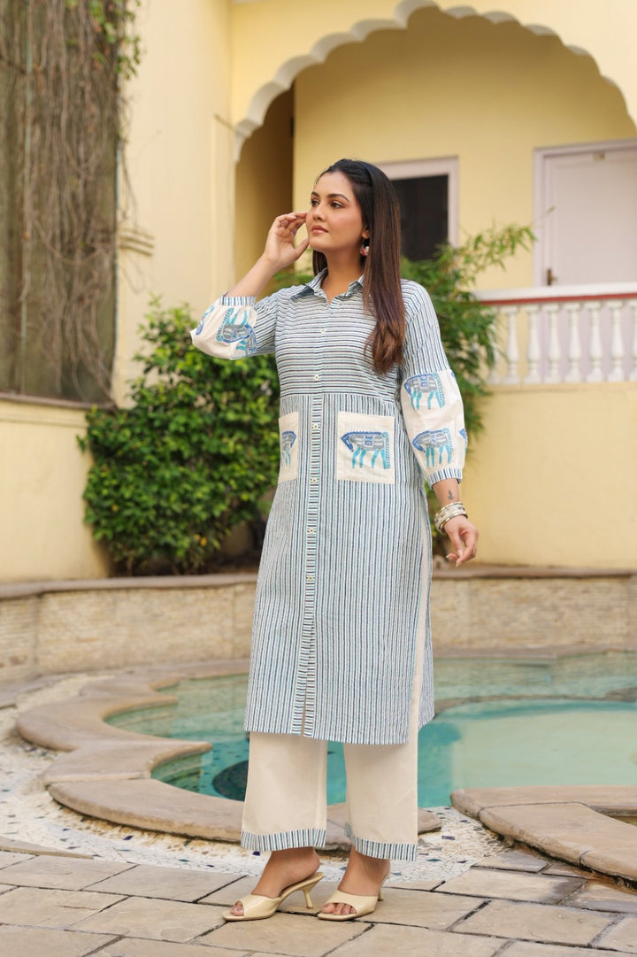 Dyna Azure Printed Stripe Kurta Pant Set