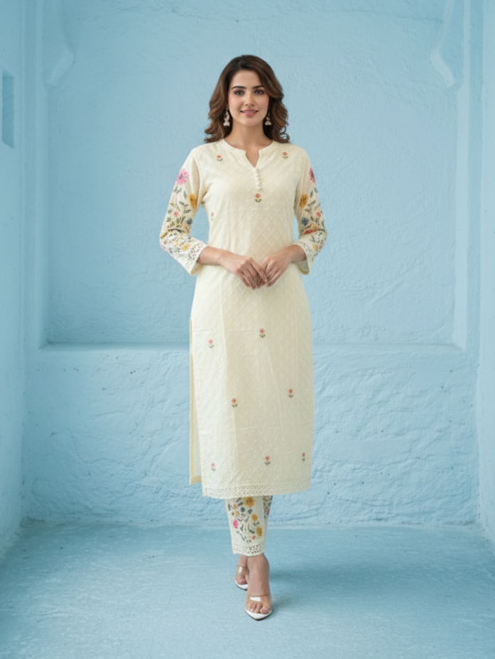 Kirti Mist Cotton Embroidered Suit Set