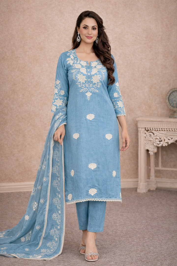 Bahara Softblue Printed Embroidered Suit Set