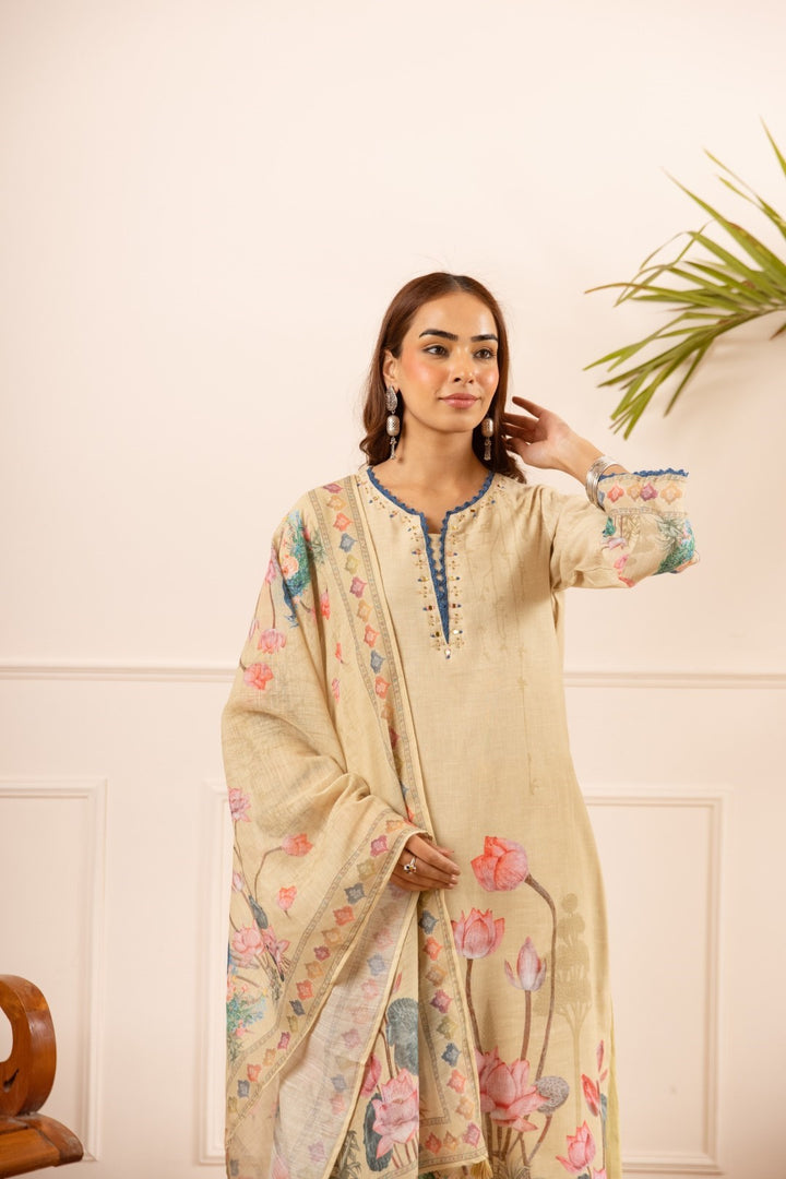 Mihika tan printed cotton suit set