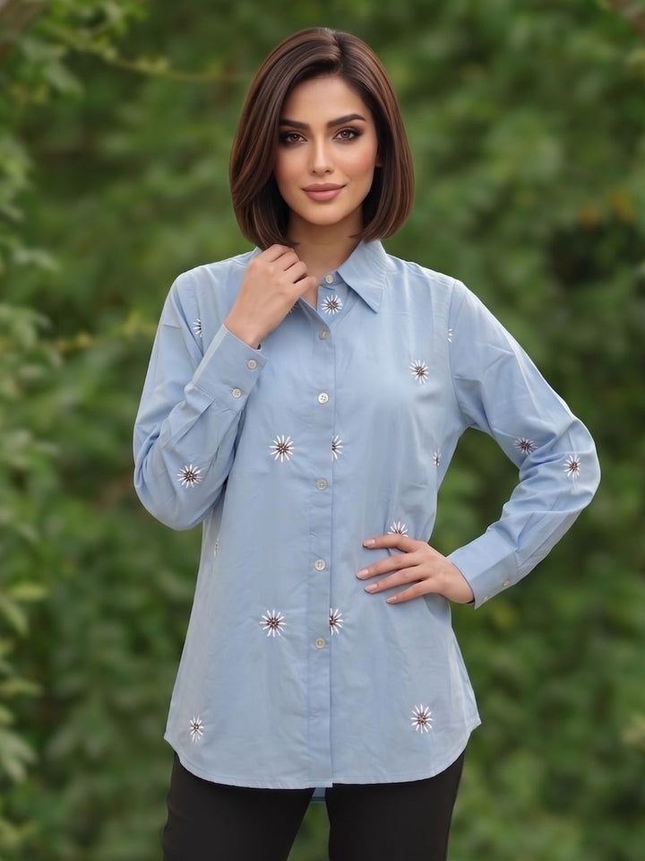 Mohini Soft Blue Cotton Embroidered Shirt