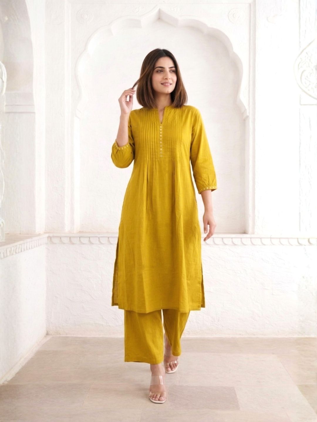 Sarika Gold Cotton Work Kurta Pant Set