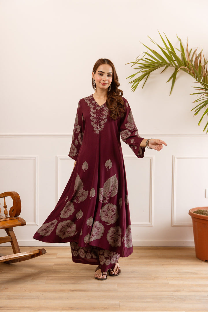 Karen berry wine printed cotton kurta pant set