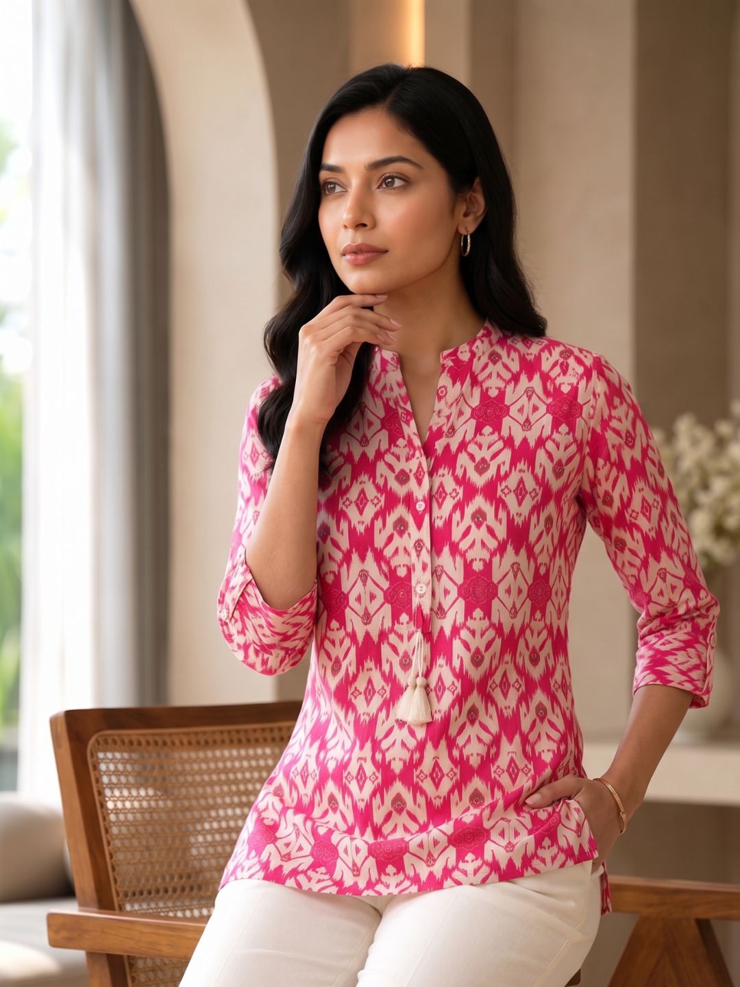 UMA SALMON PRINTED COTTON SHORT TOP