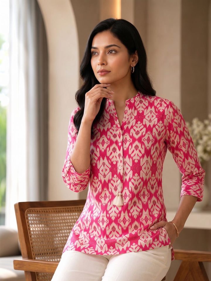 UMA SALMON PRINTED COTTON SHORT TOP