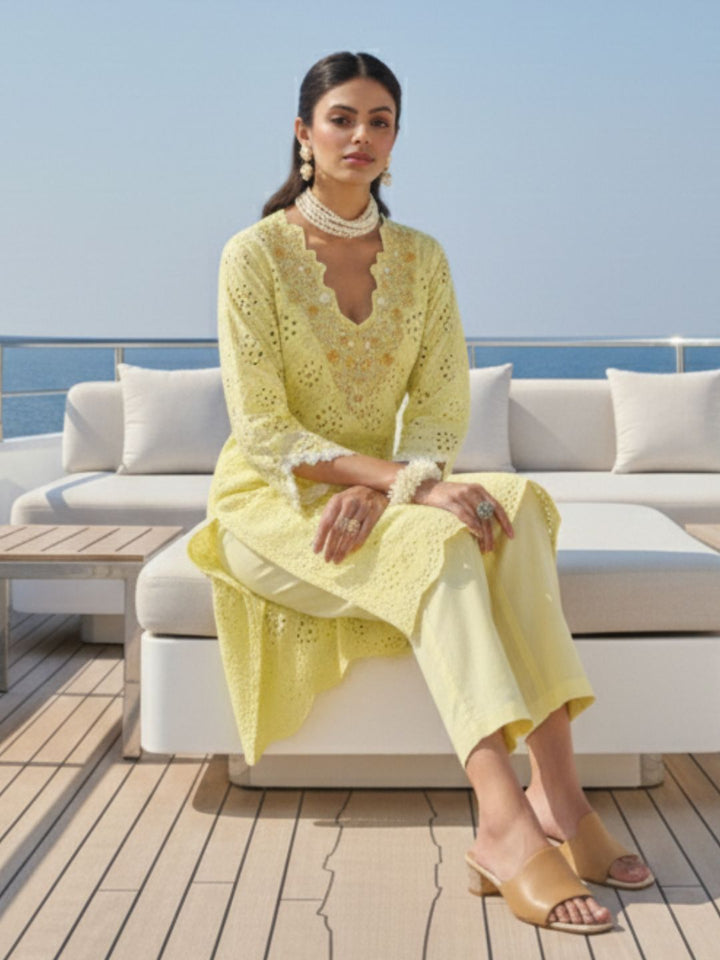 Anumeha Lime schiffli cotton co-ord set