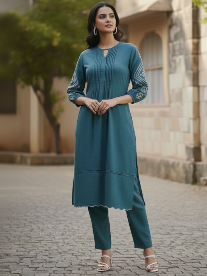 TUSHKI TEAL COTTON COMFY KURTA PANT SET
