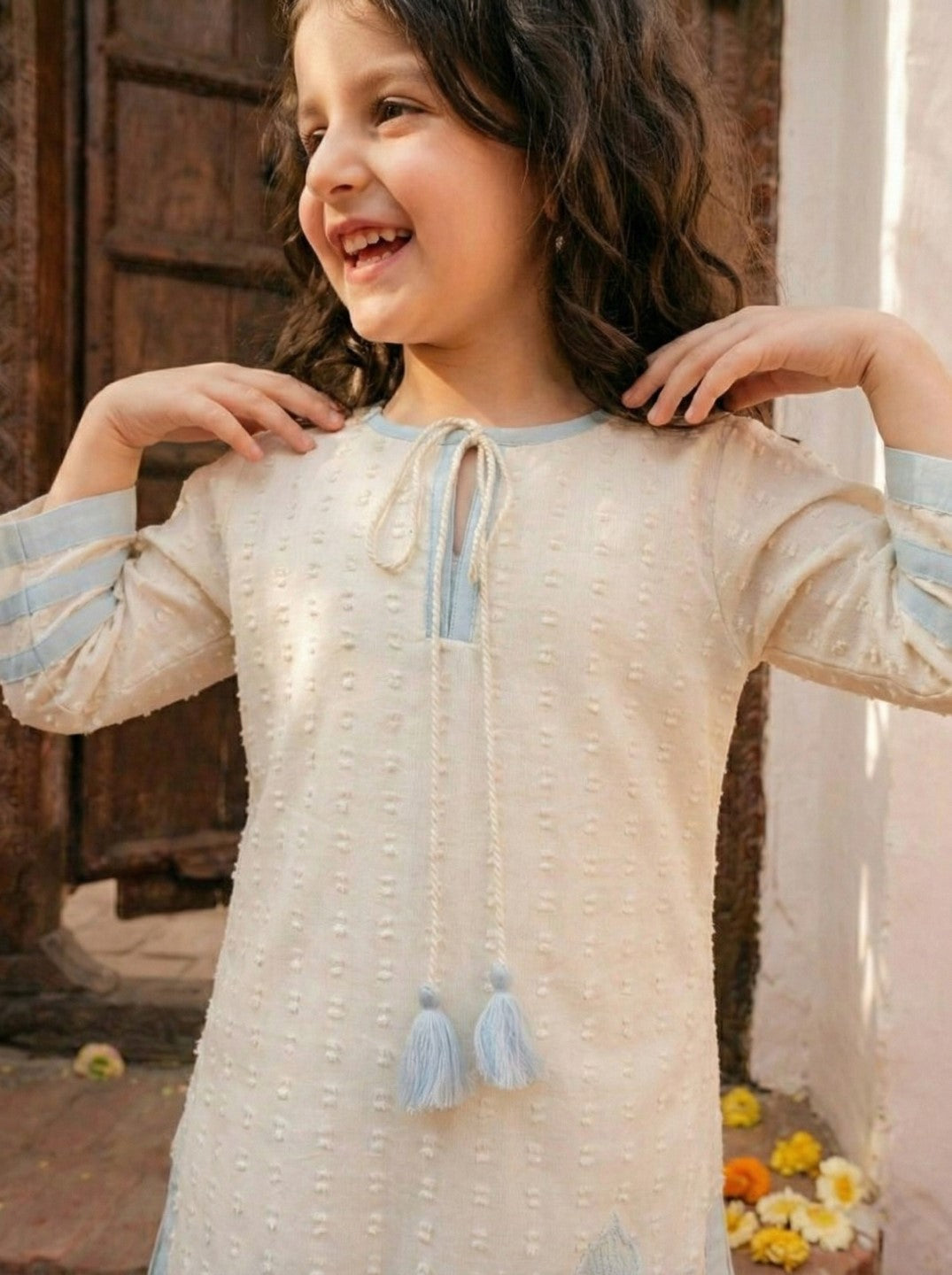 Joy pearl embroidery kids kurta pant set