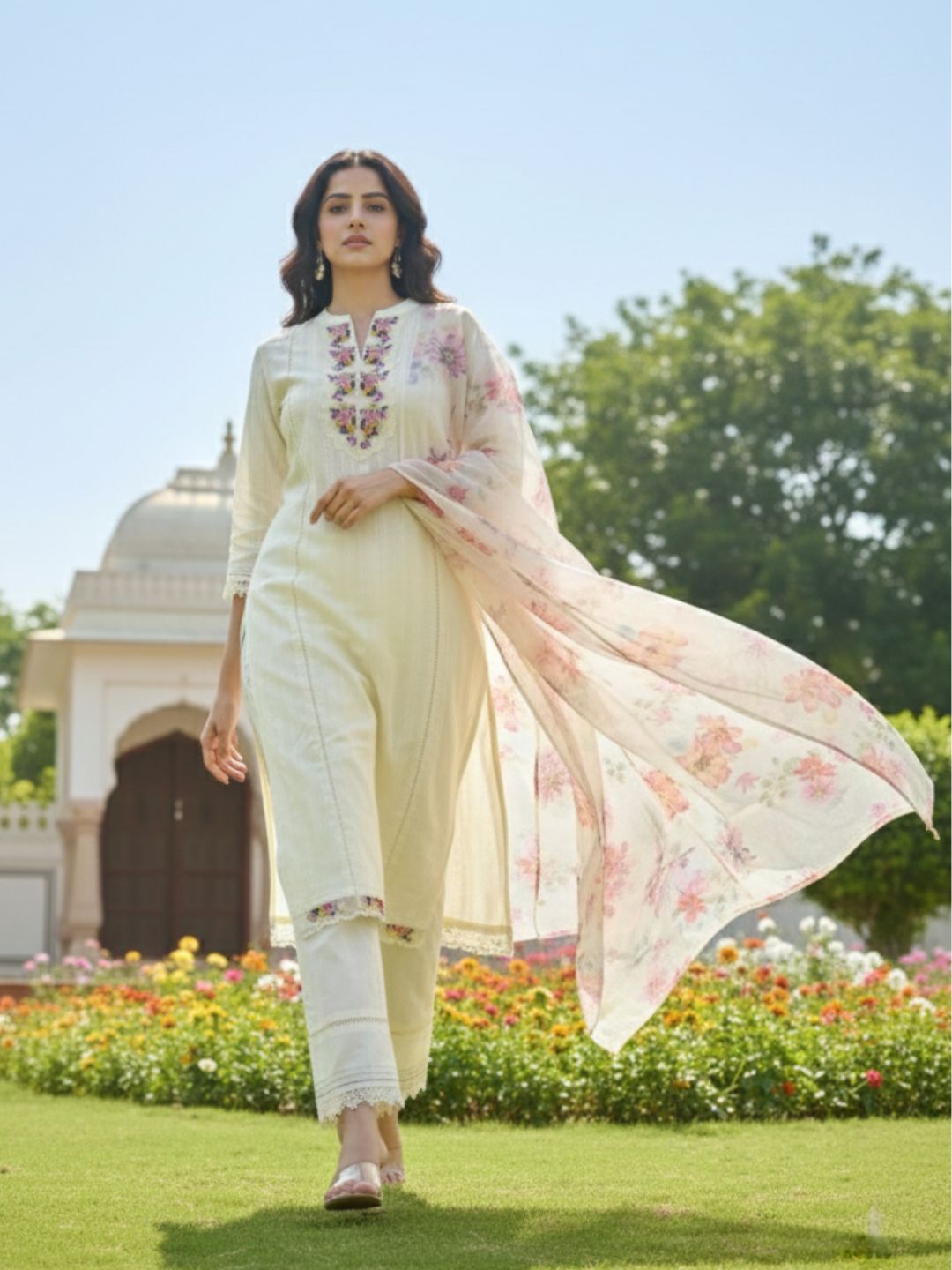Shabnam Cream Full Work Suit Set with Floral Organza Dupatta