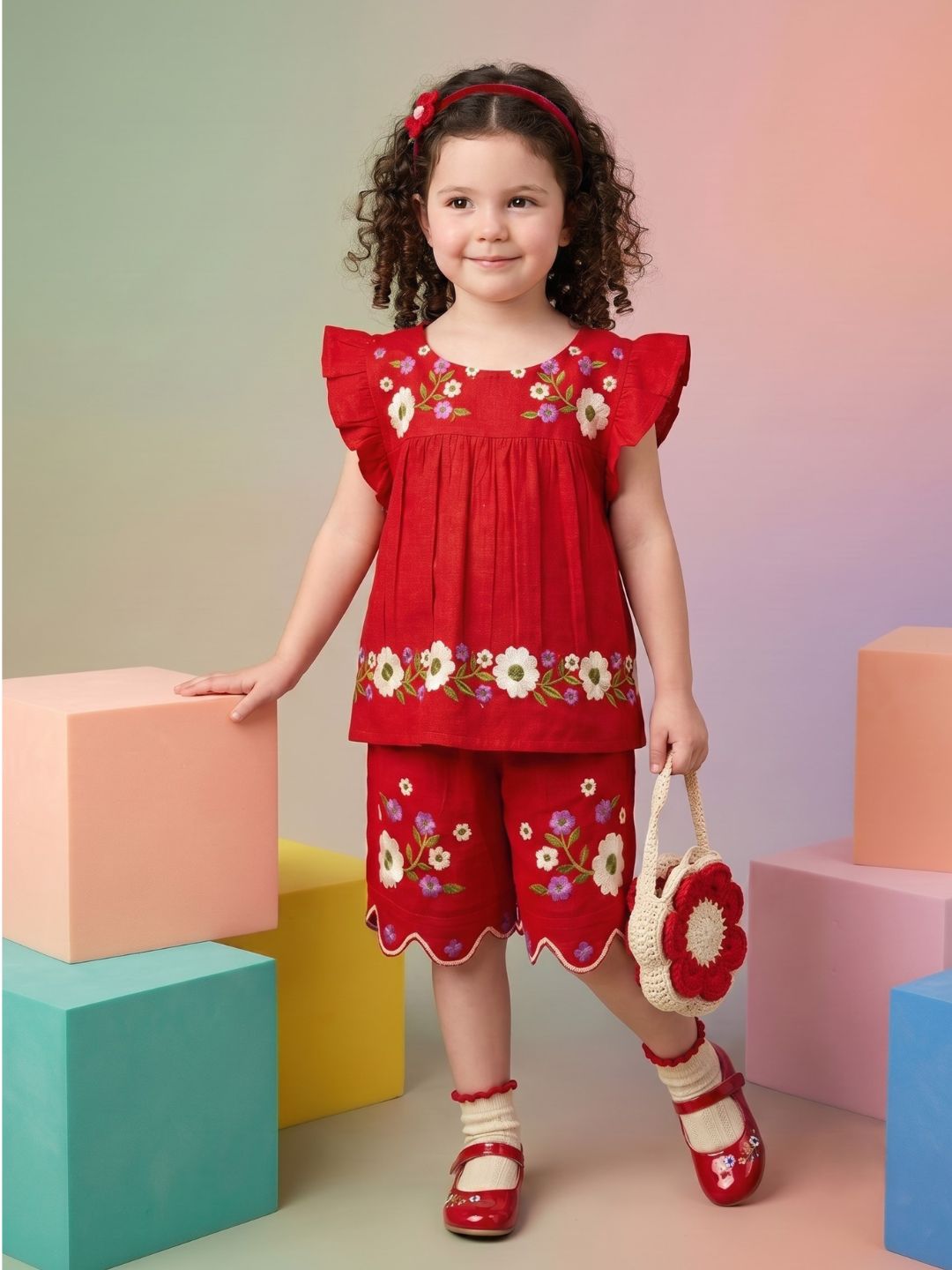 Joy scarlet embroidery kids cotton co-ord set
