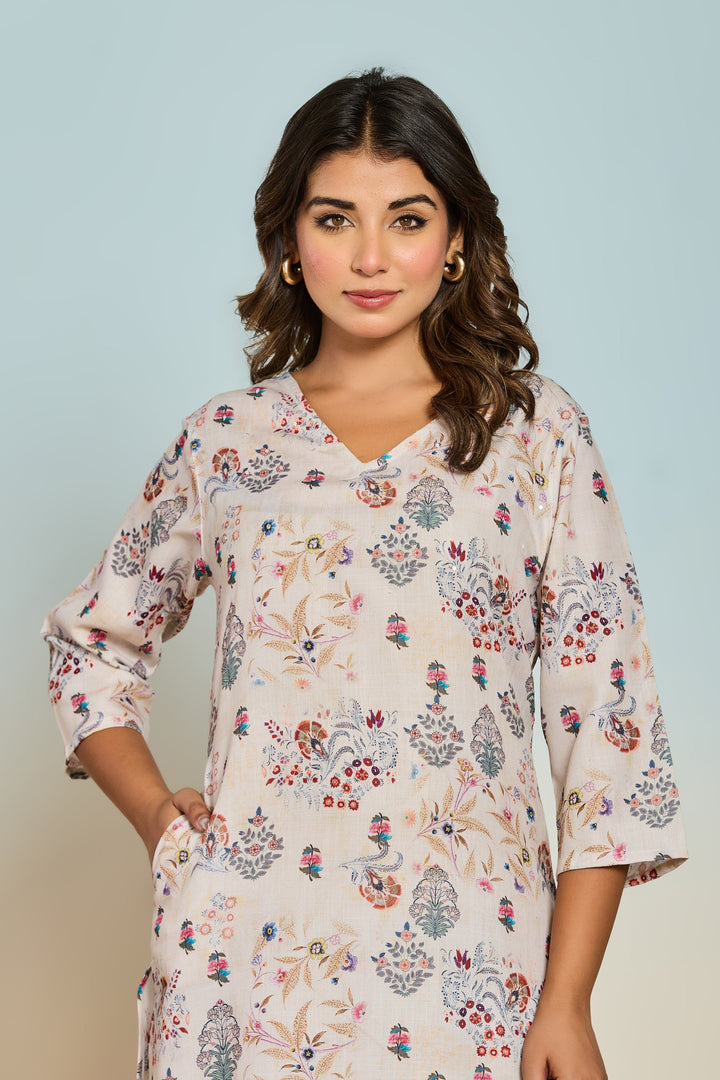 Bindiya Pearl Linen Printed Kurta Pant Set