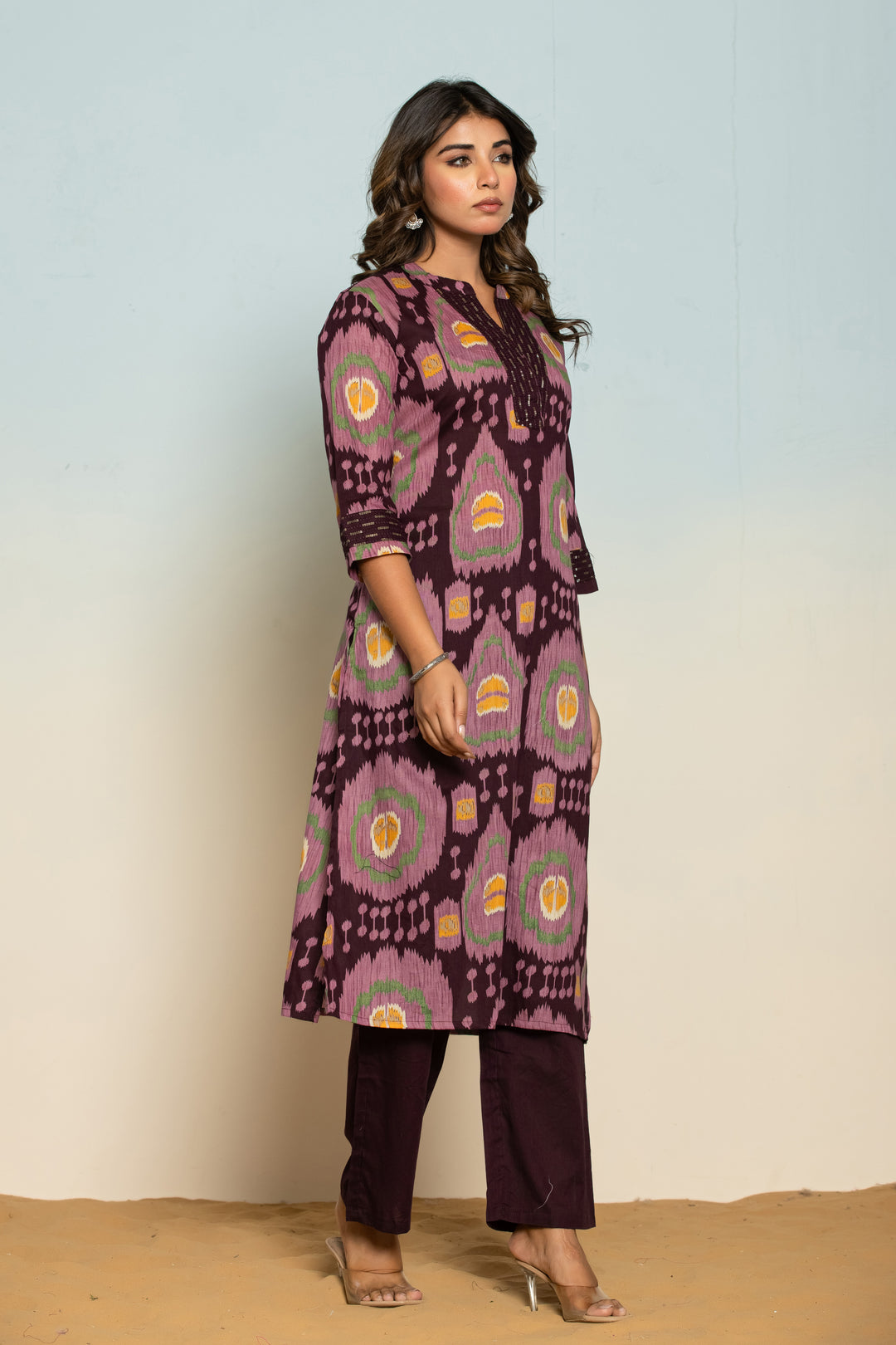 Mika Chestnut Ikat Printed Cotton Kurta Pant Set