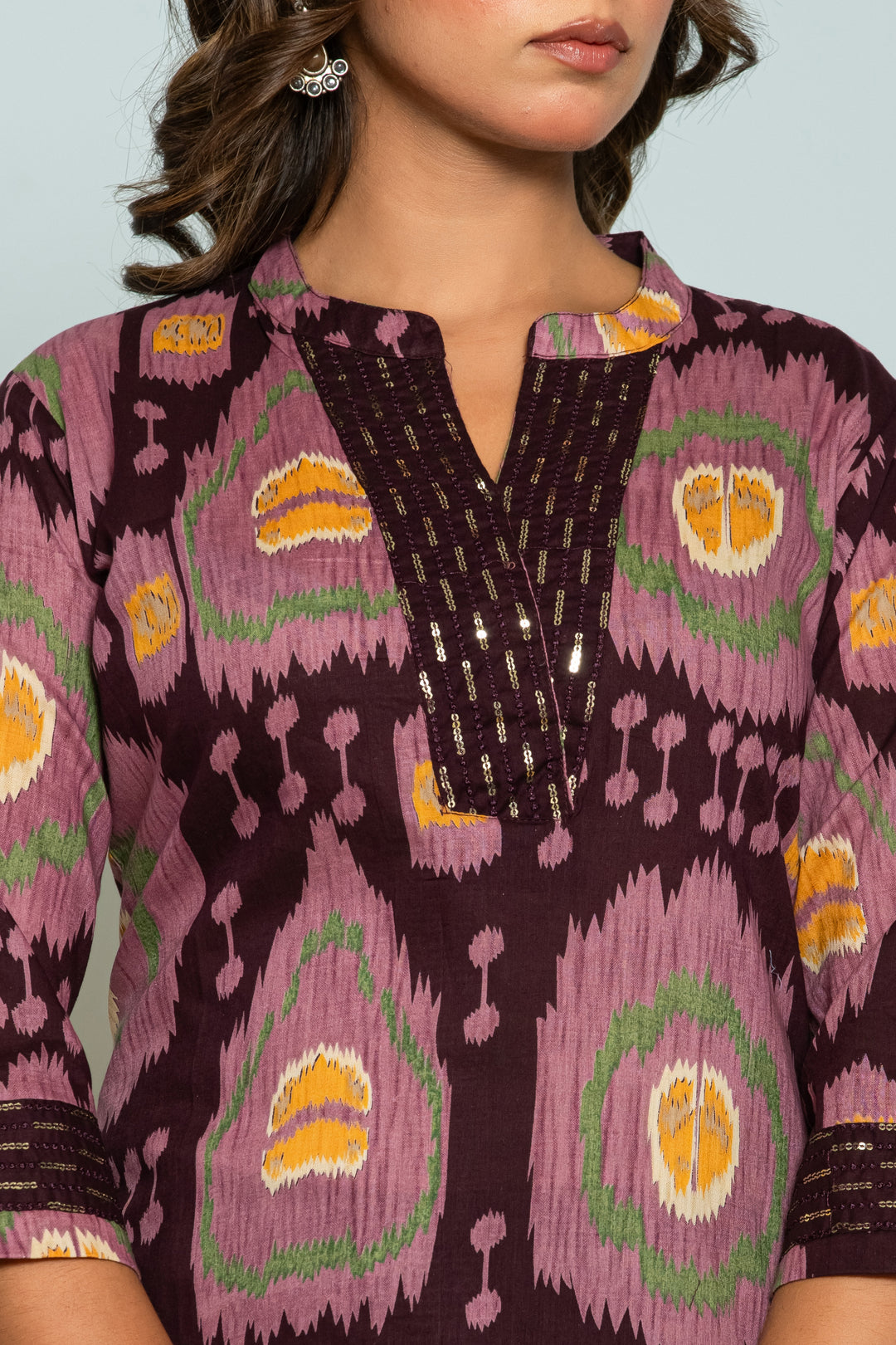 Mika Chestnut Ikat Printed Cotton Kurta Pant Set