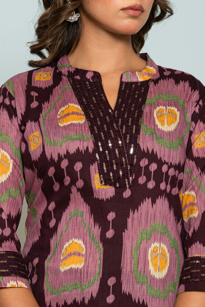 Mika Chestnut Ikat Printed Cotton Kurta Pant Set
