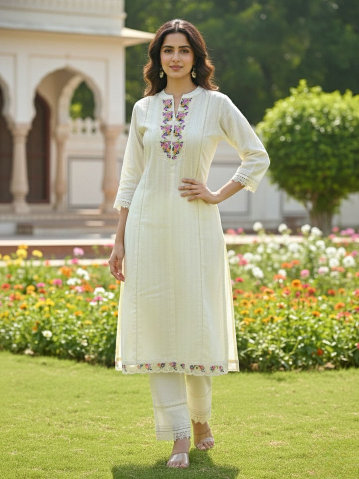 Shabnam Cream Full Work Suit Set with Floral Organza Dupatta