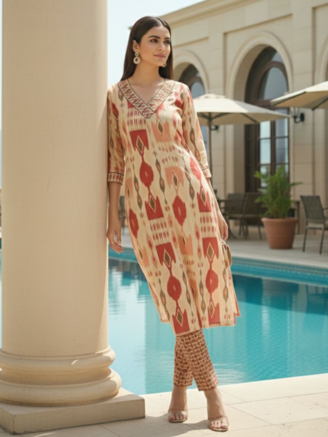 SASHA CORAL PRINTED KURTA PANT SET