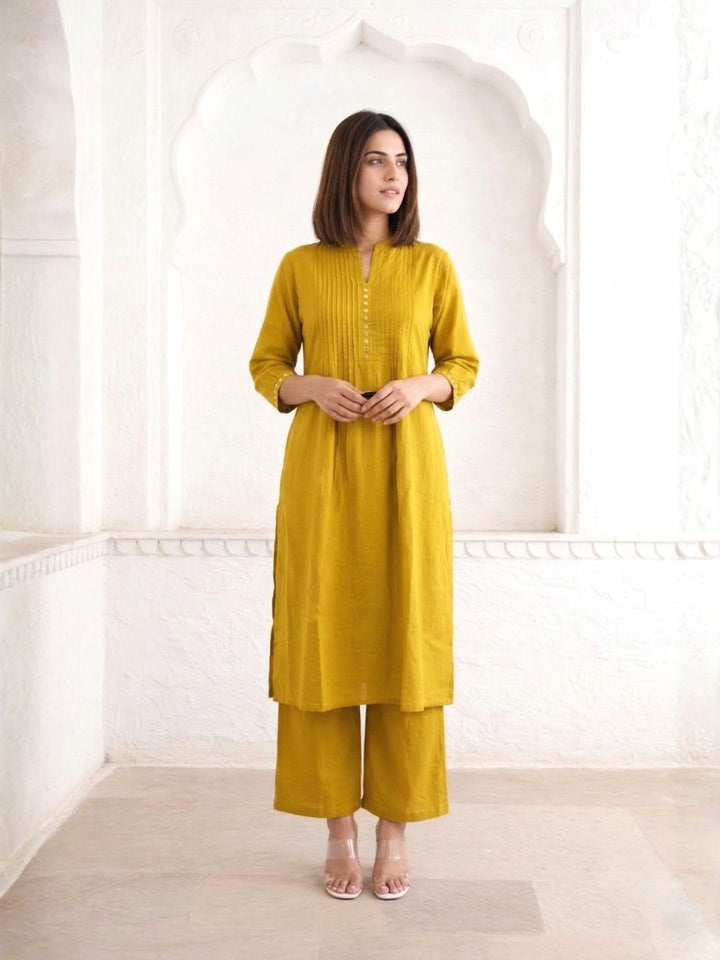Sarika Gold Cotton Work Kurta Pant Set