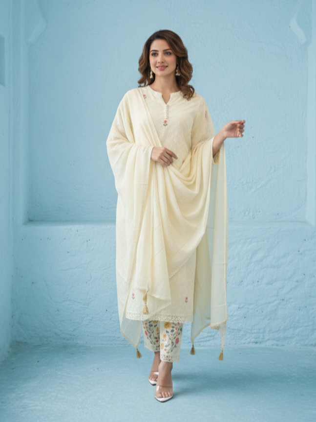 Kirti Mist Cotton Embroidered Suit Set