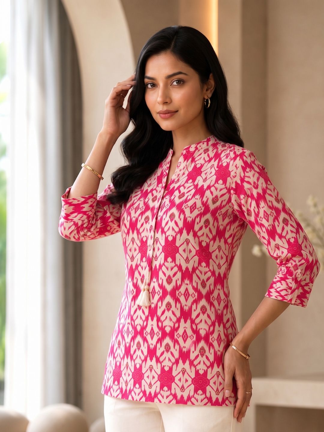 UMA SALMON PRINTED COTTON SHORT TOP
