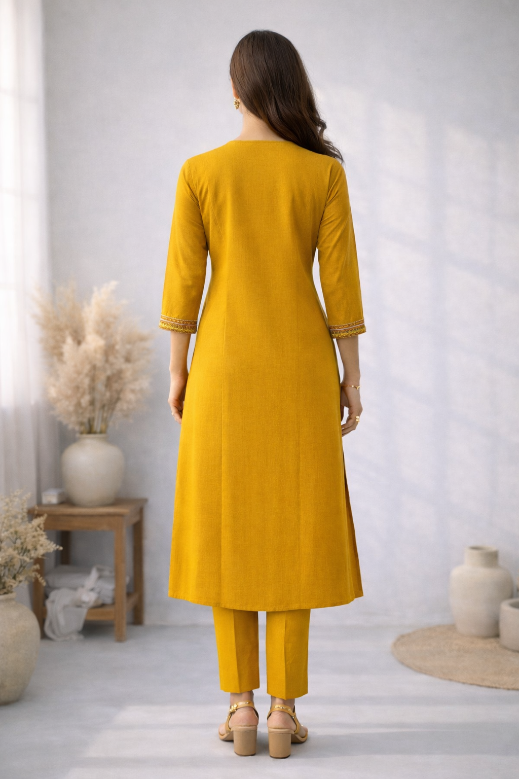 Rushali Mustard Embroidered Kurta Pant Set