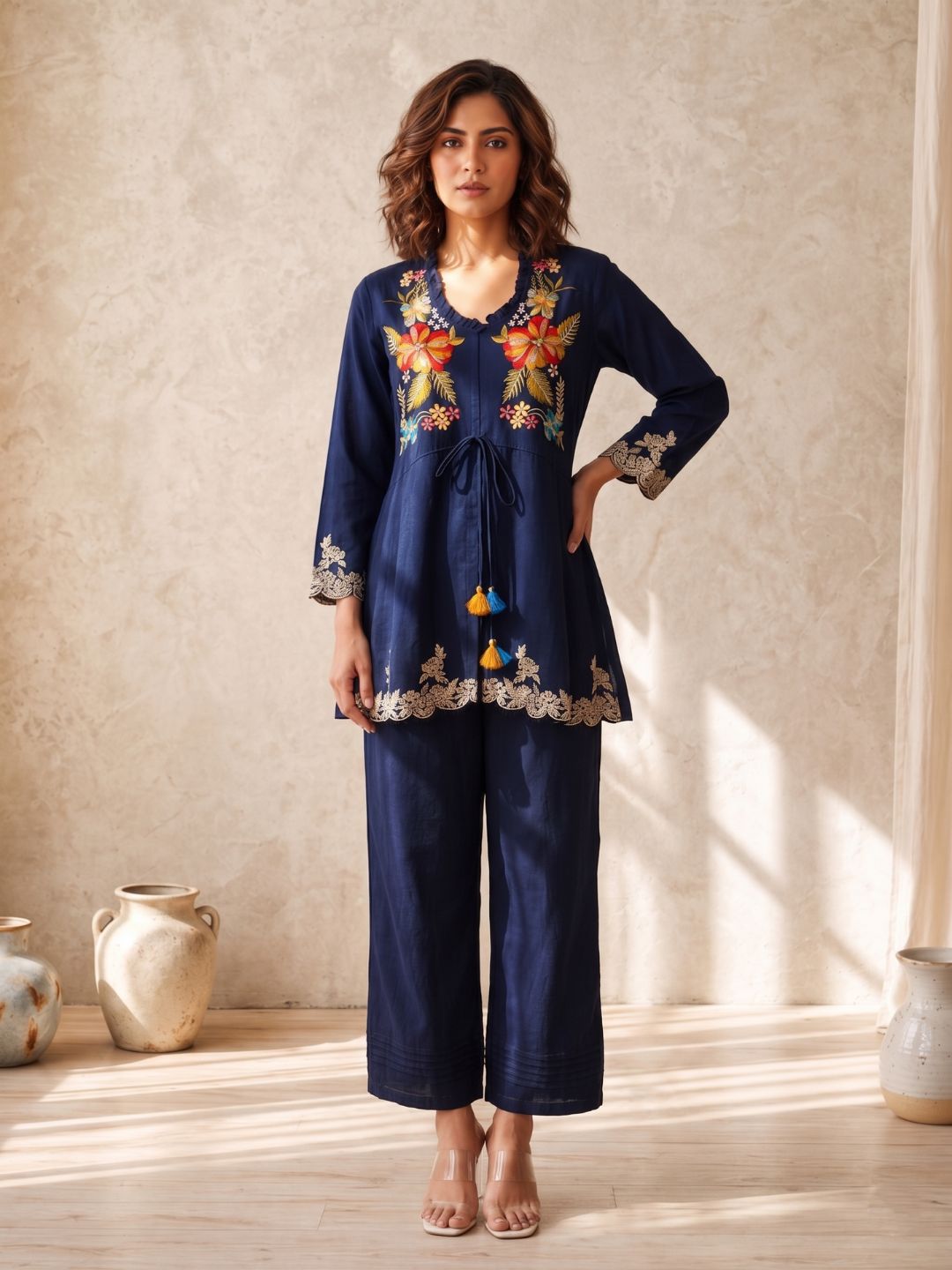 Gaur navy embroidery premium co-ord set