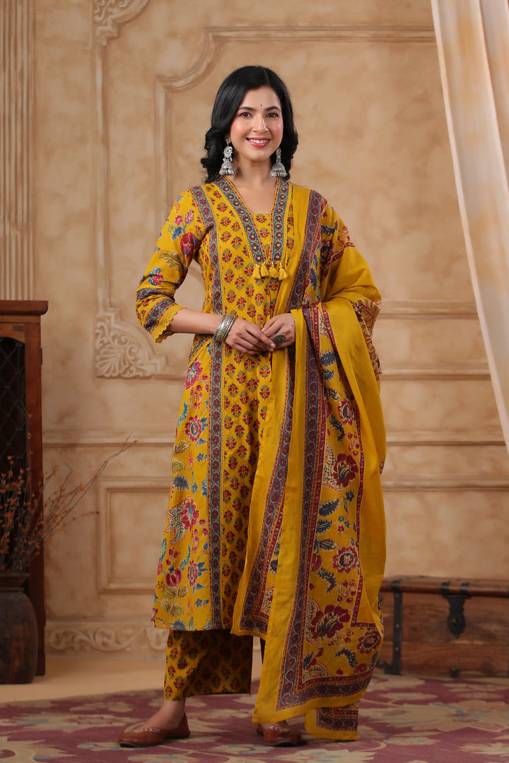 HIYA MUSTARD PRINTED COTTON SUIT SET