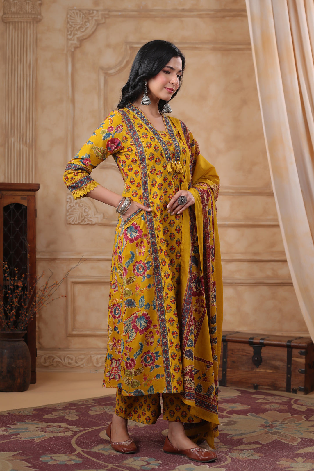 HIYA MUSTARD PRINTED COTTON SUIT SET