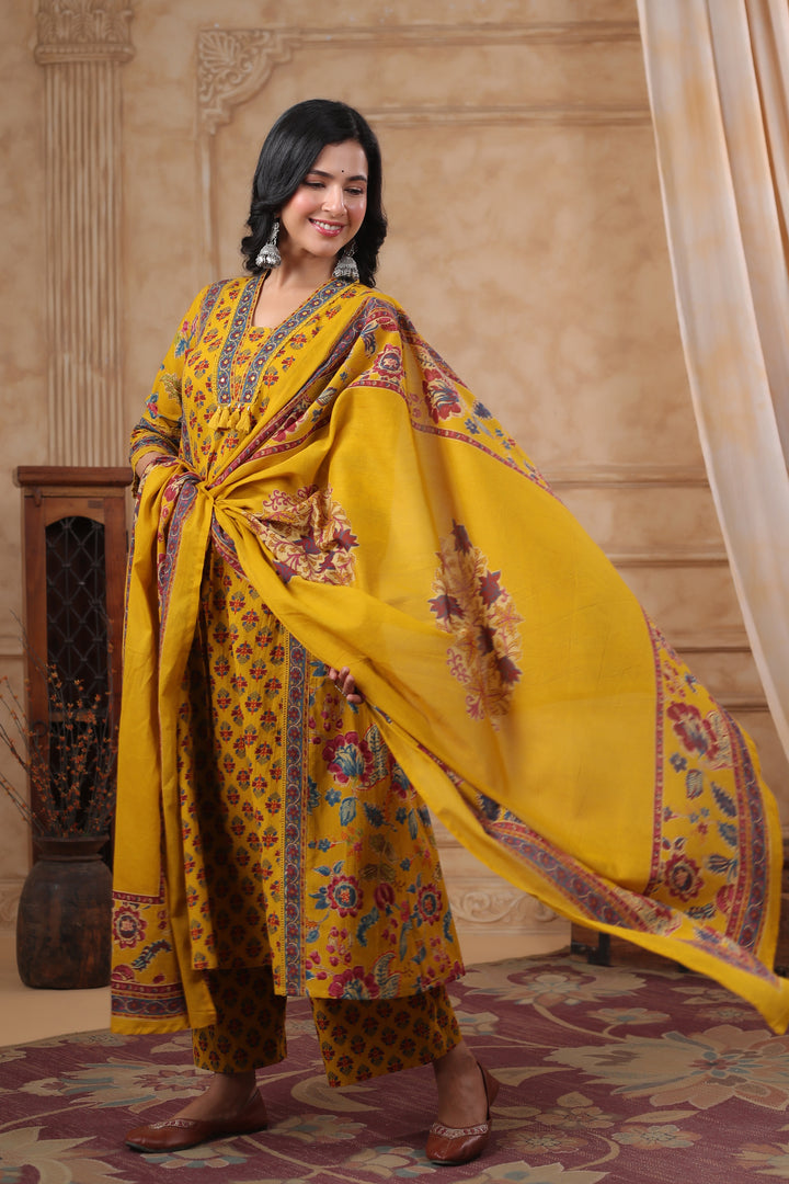 HIYA MUSTARD PRINTED COTTON SUIT SET