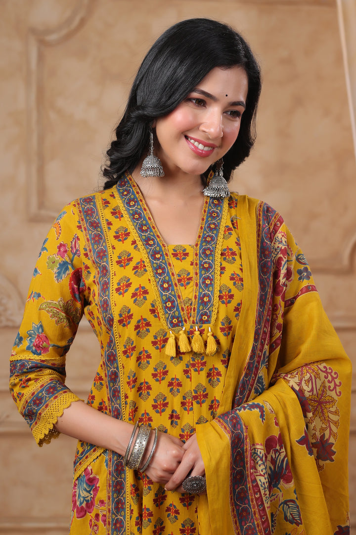 HIYA MUSTARD PRINTED COTTON SUIT SET