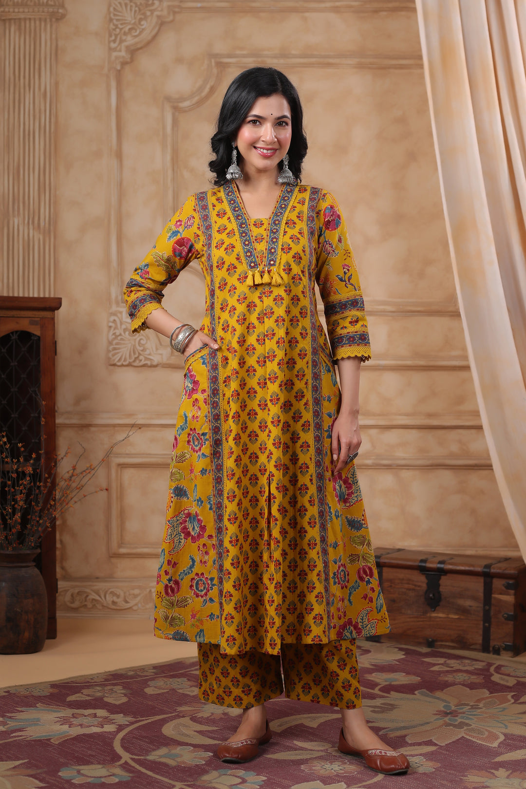 HIYA MUSTARD PRINTED COTTON SUIT SET