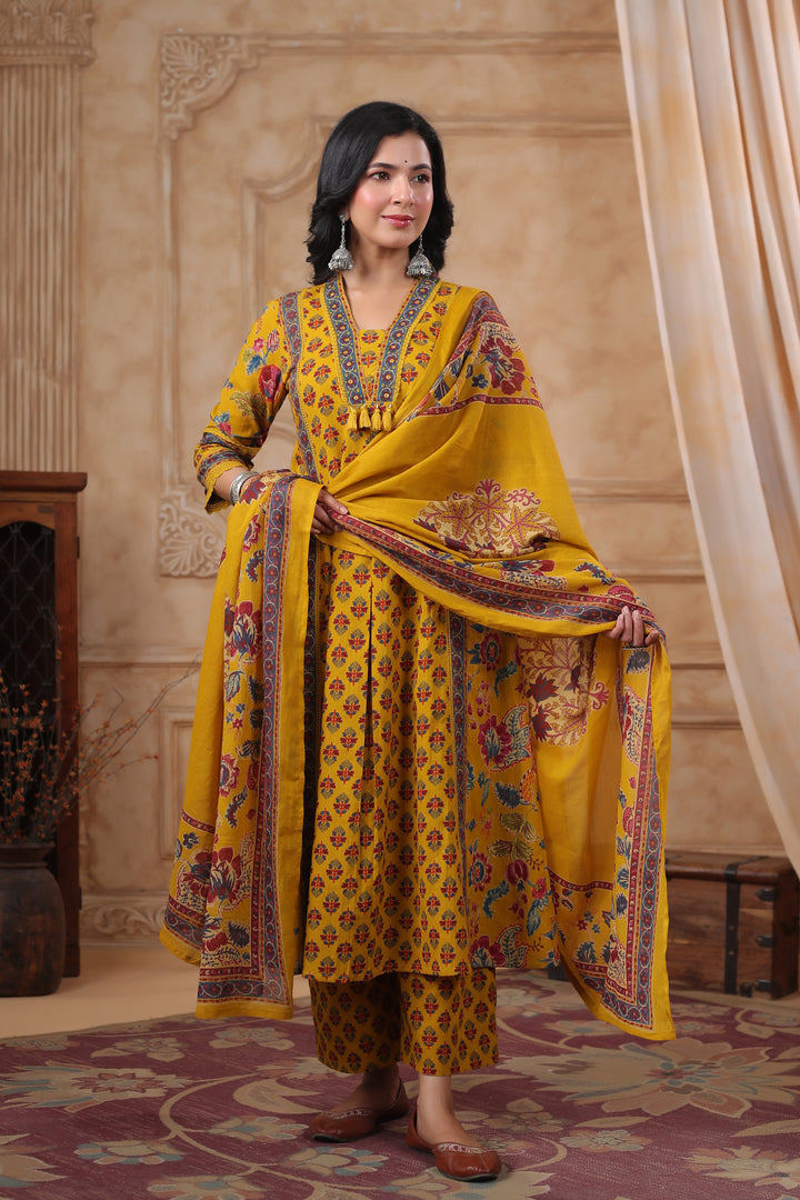 HIYA MUSTARD PRINTED COTTON SUIT SET