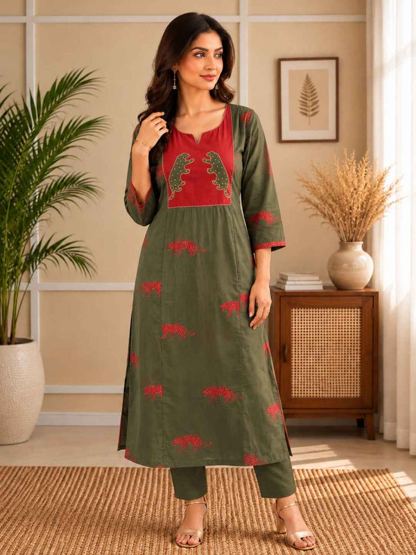 Abira Olive Printed Kurta pant set