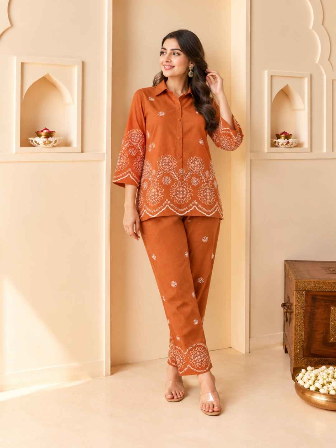 Abira Rust Embroidered Co-ord Set