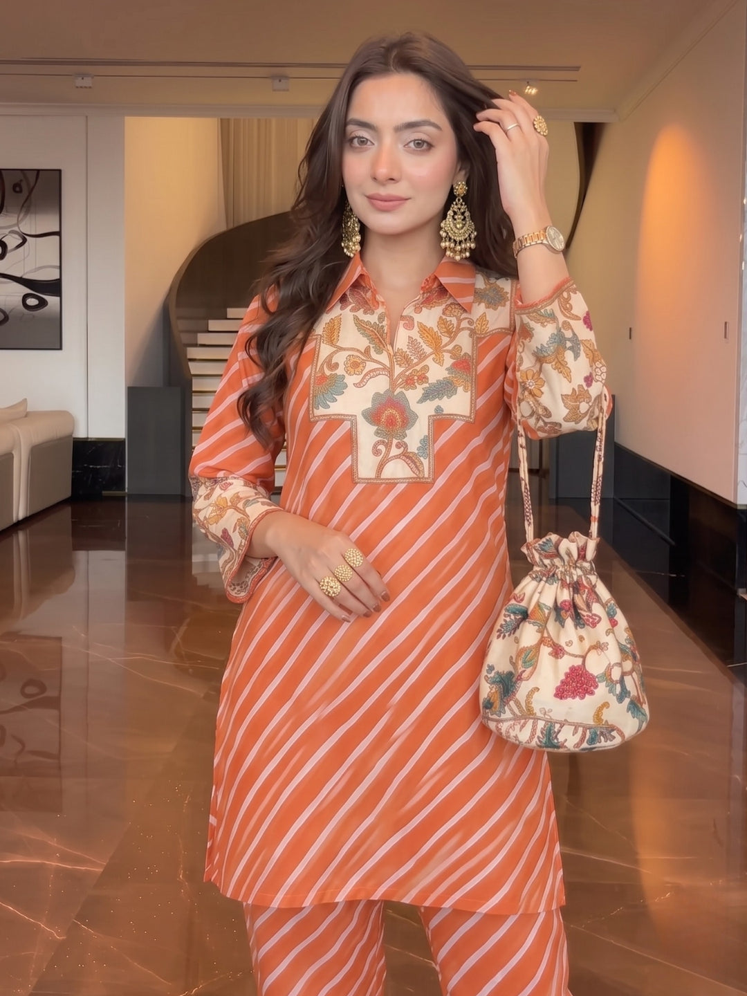 Akshara Rufos Printed Co-Ord Set (Comes With Potli)