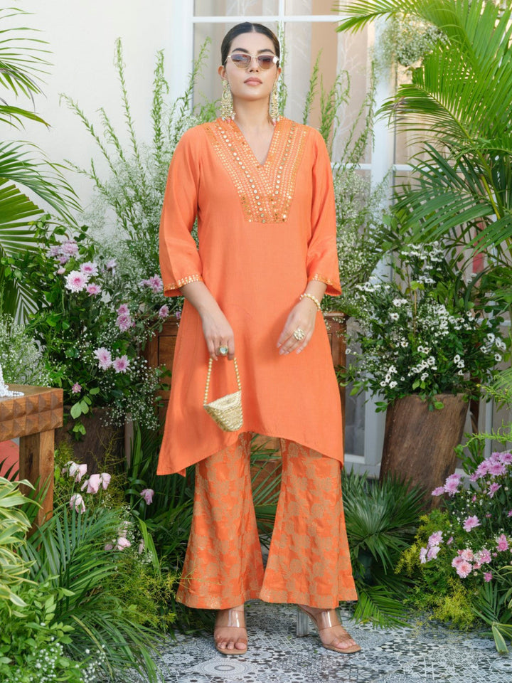 Meera Apricot Premium Fusion Set with Jacquard Pants
