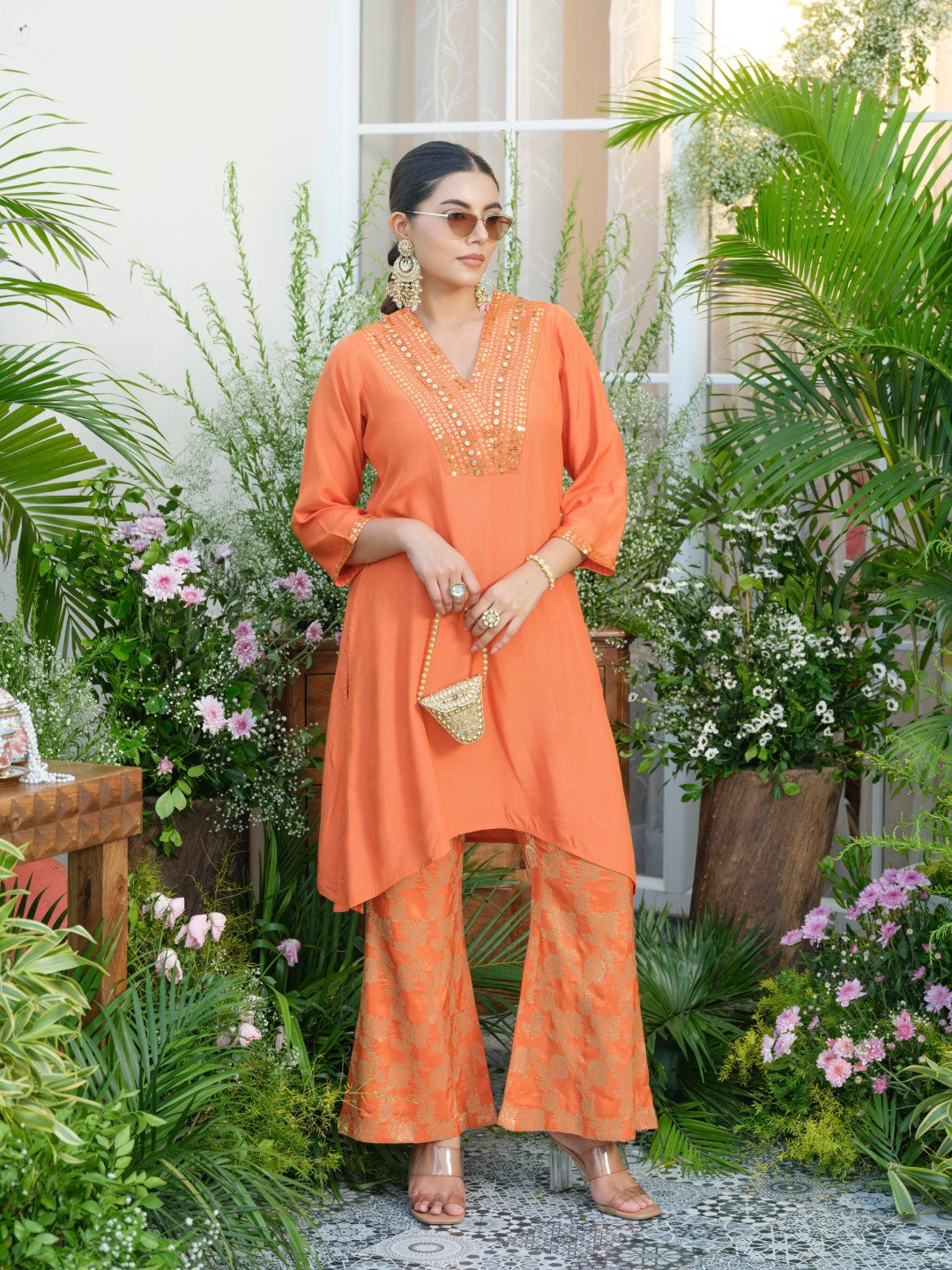 Meera Apricot Premium Fusion Set with Jacquard Pants