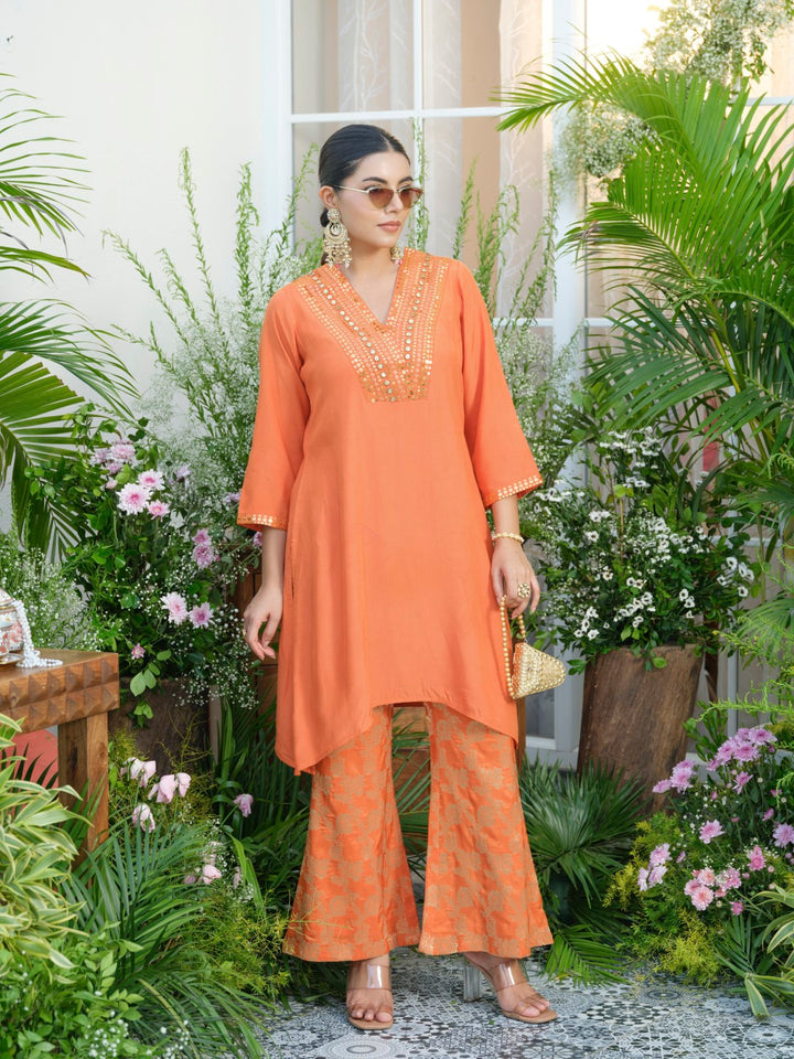 Meera Apricot Premium Fusion Set with Jacquard Pants